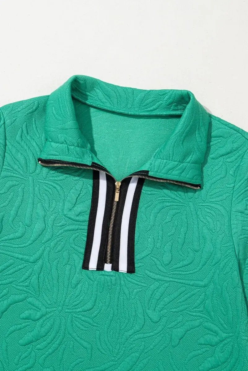 Sea Green Jacquard Textured Quarter Zipper Shift Mini Dress - Love Salve